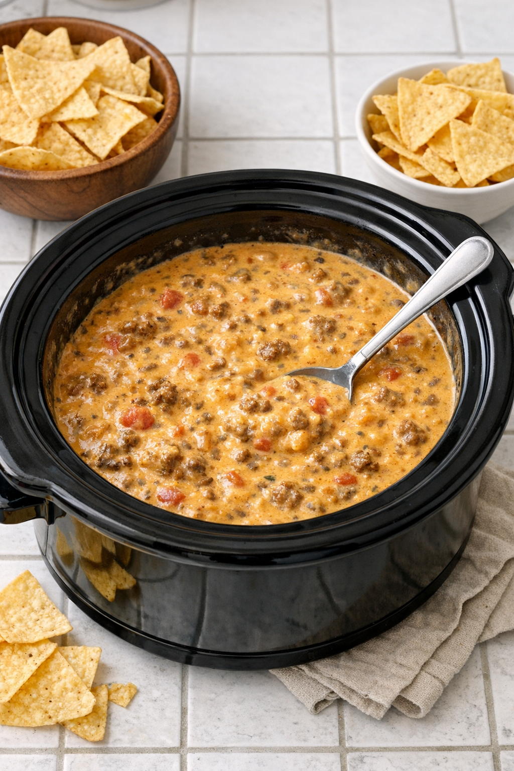 Finished beef queso dip in a slow cooker with chips on the side