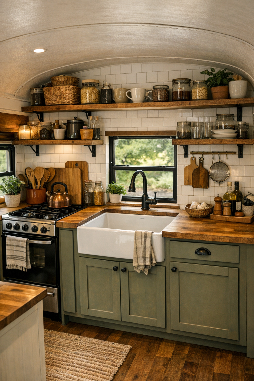 Off-grid bus kitchen with butcher block counters and farmhouse sink