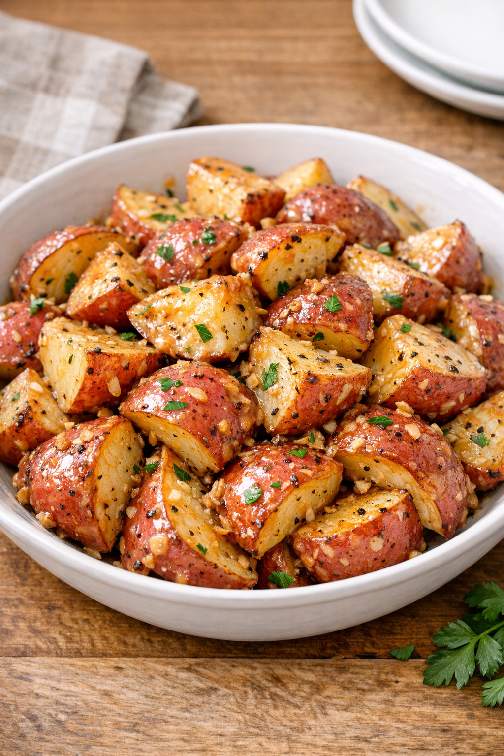 Finished thousand island roasted red potatoes in a serving dish