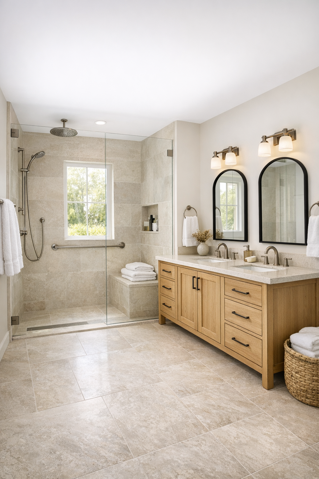 Light-filled bathroom with a curbless shower, limestone-look tile, oak vanity, and simple farmhouse finishes