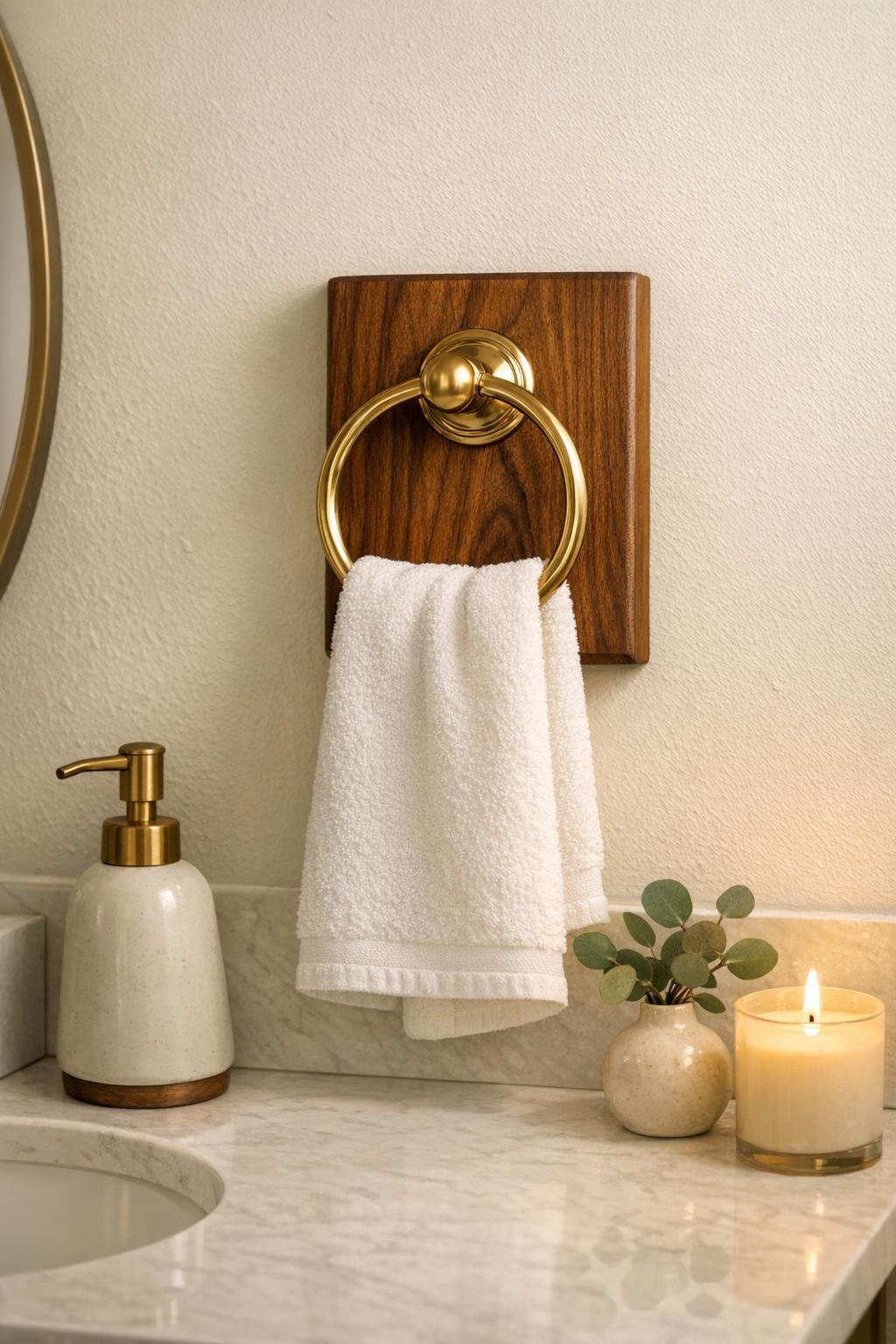 Finished DIY bathroom hand towel ring made from a brass curtain tieback on a walnut cutting board