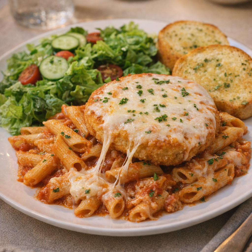 Plated serving of chicken parmesan pasta with salad and garlic bread