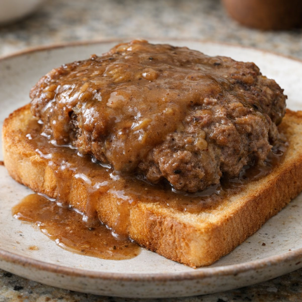 Leftover Salisbury steak served open-faced on toast