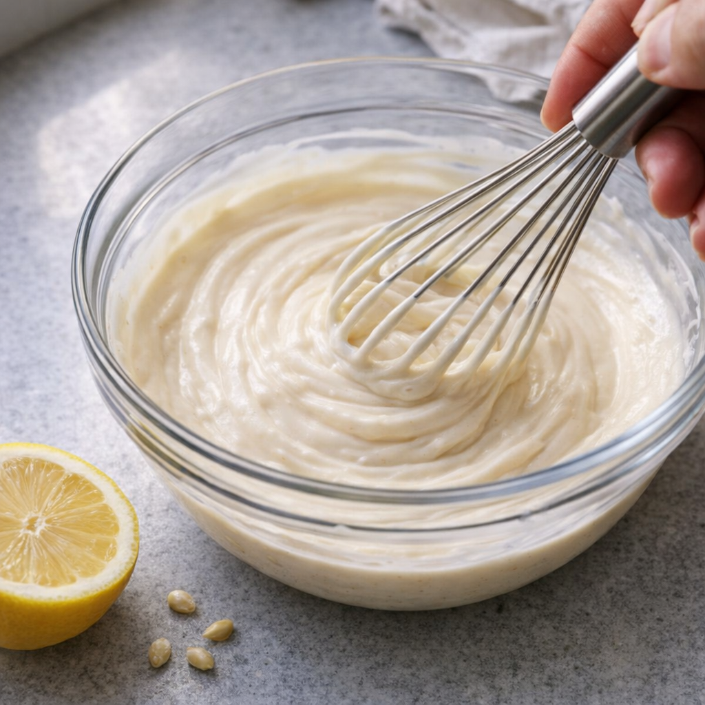 Mayonnaise and lemon dressing being whisked in a bowl
