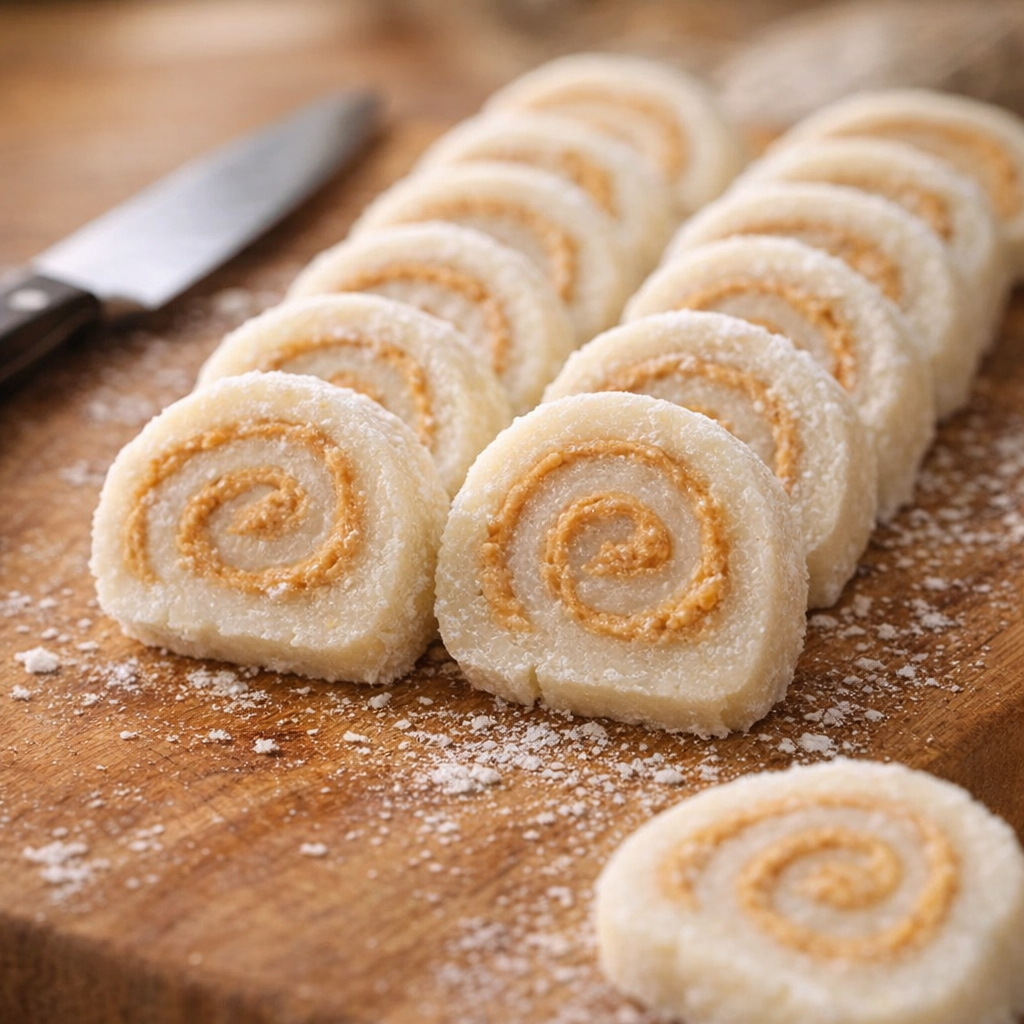 Sliced potato candy pinwheels on a cutting board