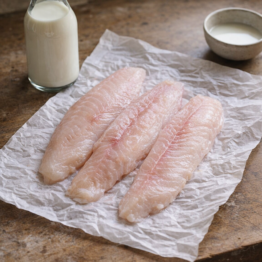 Fresh fish fillets on butcher paper beside a glass bottle of milk