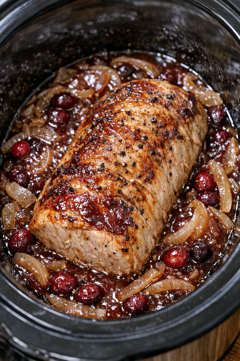 Cooked cranberry pork in slow cooker