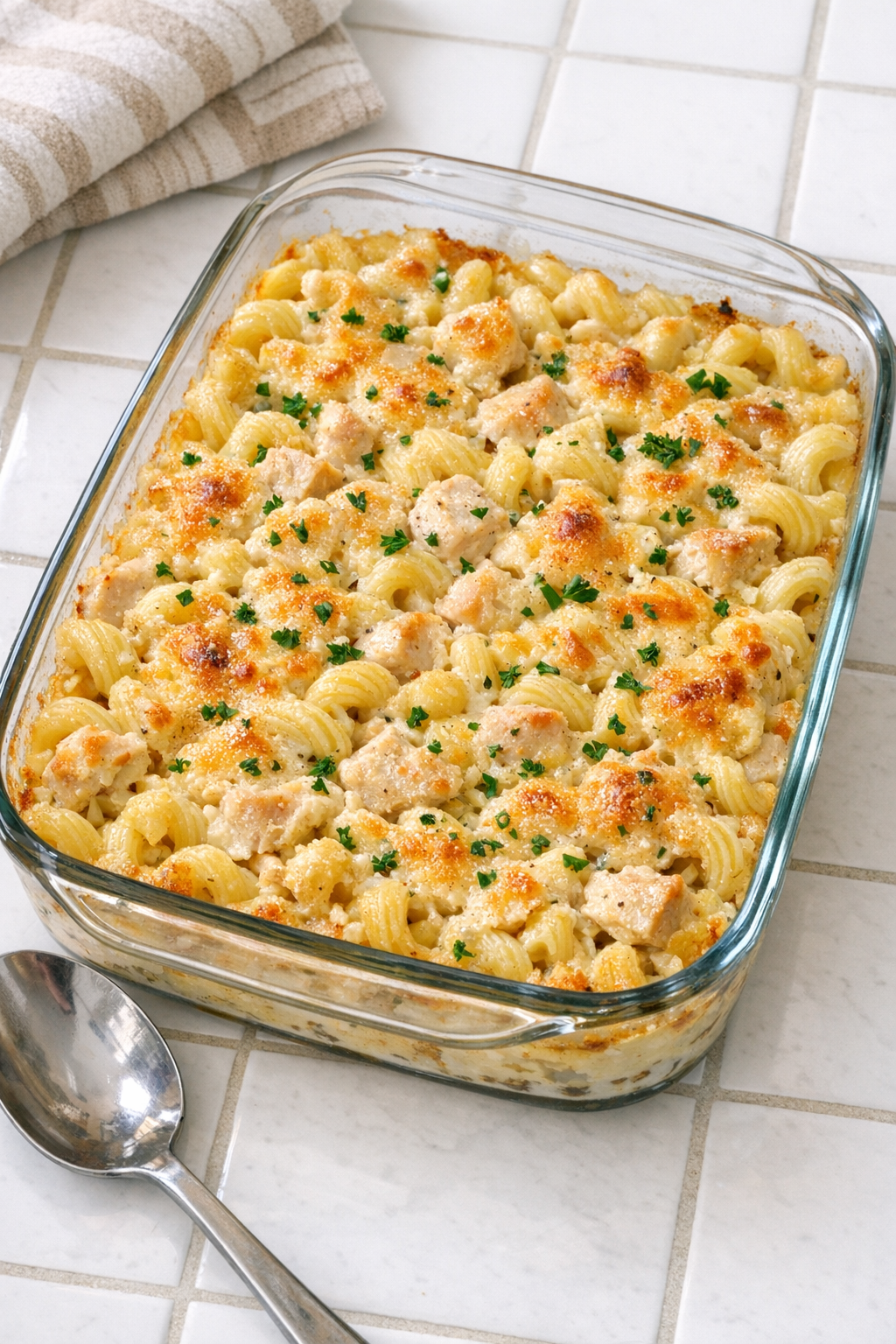 Finished Amish chicken noodle casserole baked until creamy and golden in a glass dish