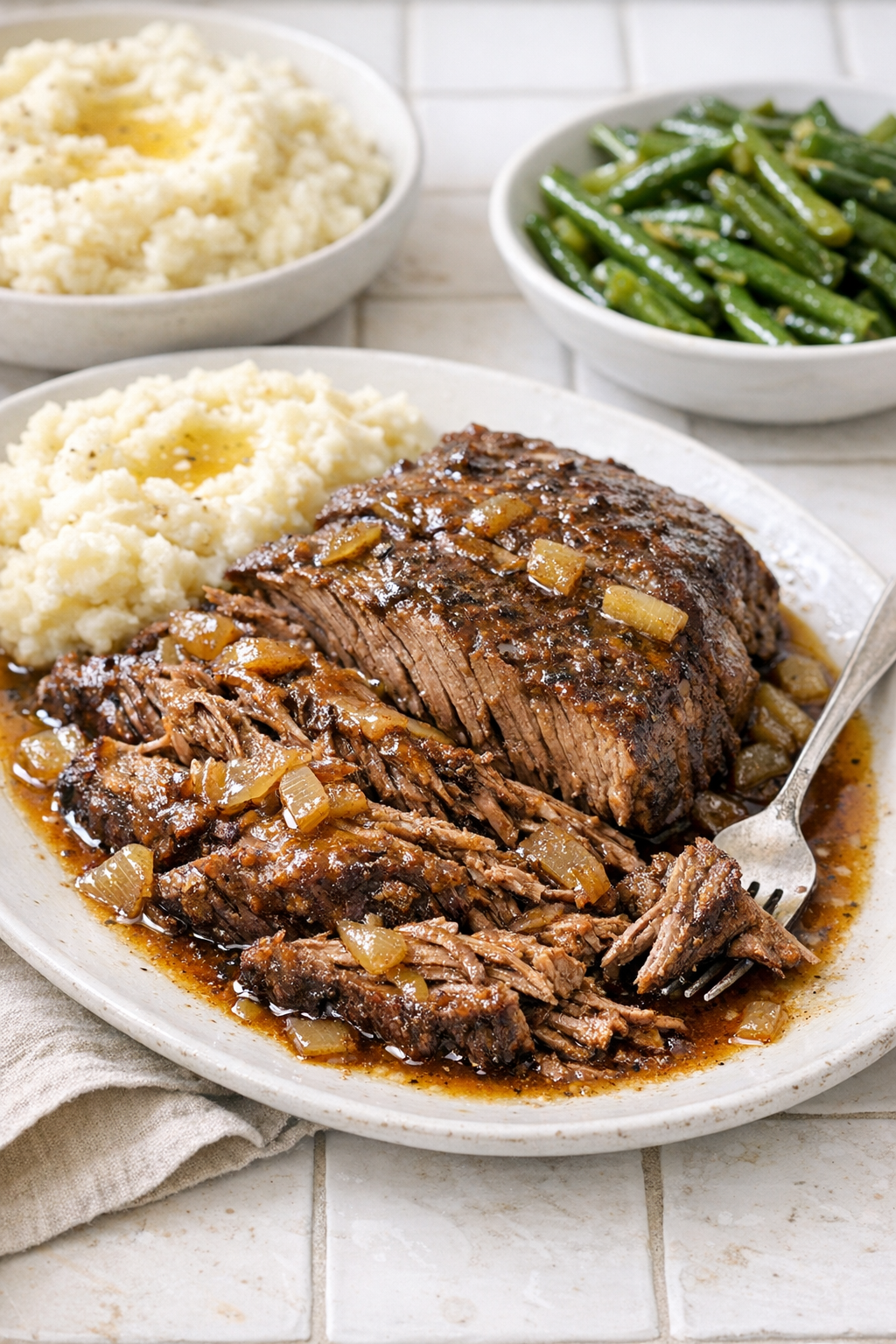 Finished Amish vinegar beef plated with cooking juices