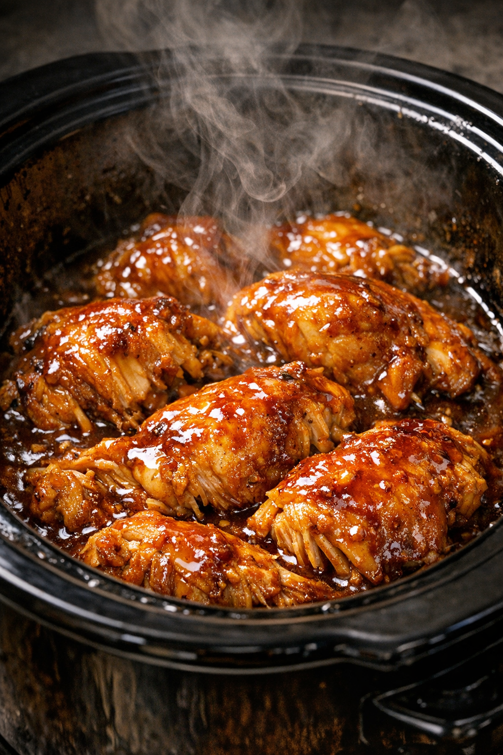 Finished slow cooker chicken in glossy glaze
