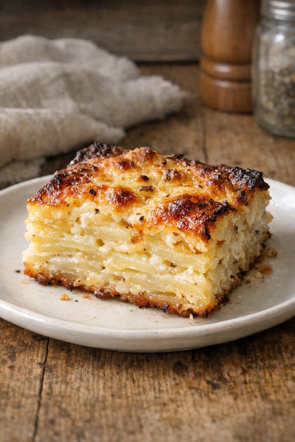 Finished creamy layered potato bake on a white plate