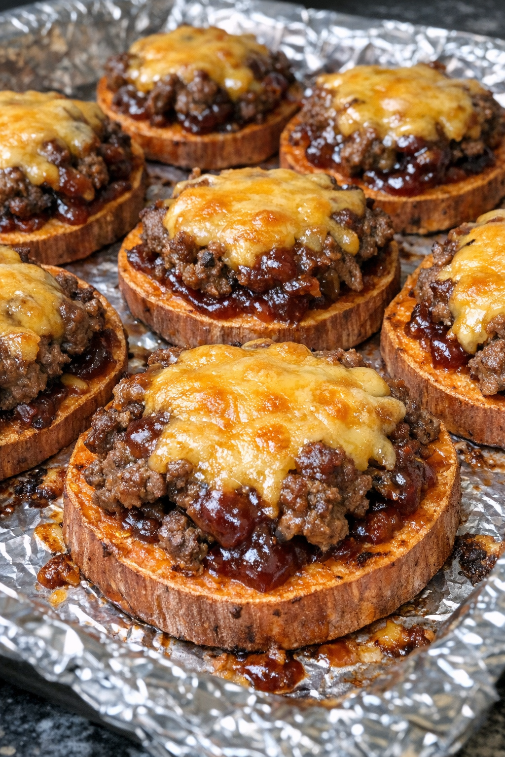 Finished beef sweet potato rounds with melted cheddar