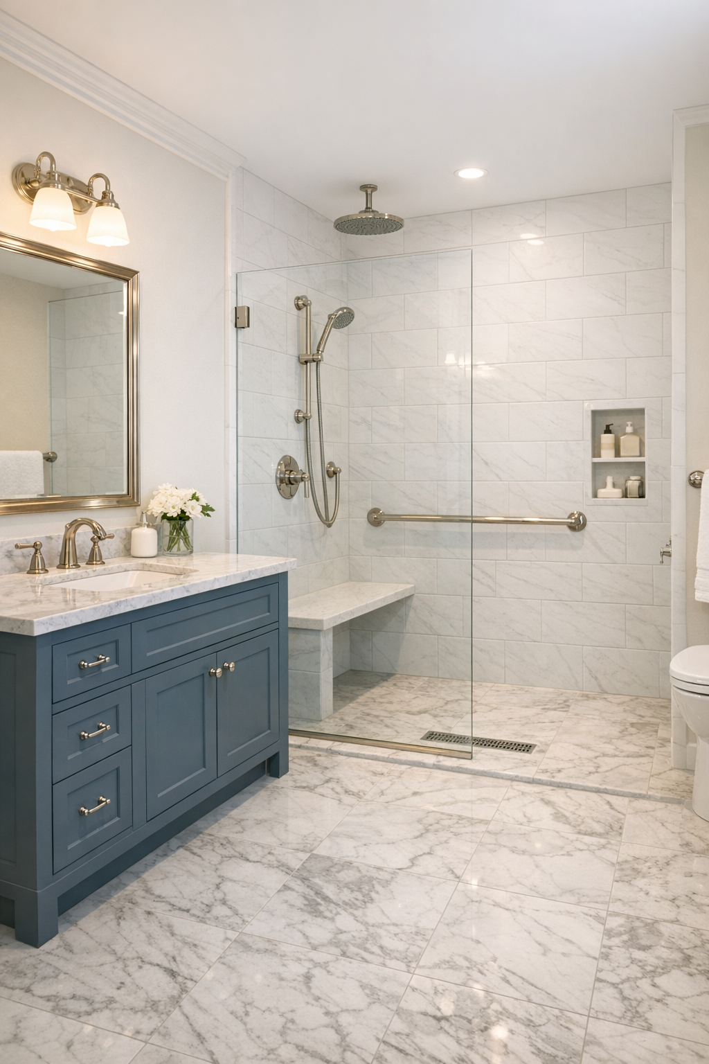 Elegant accessible bathroom with a curbless shower, blue-gray vanity, and white tile walls