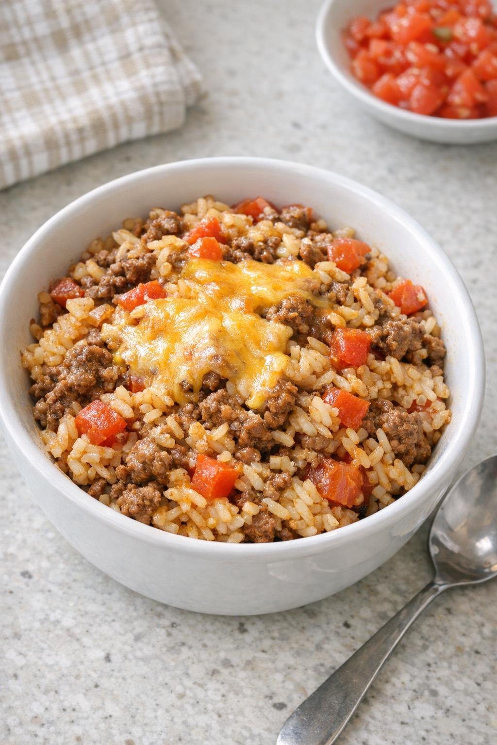 Finished taco beef and rice served in a bowl