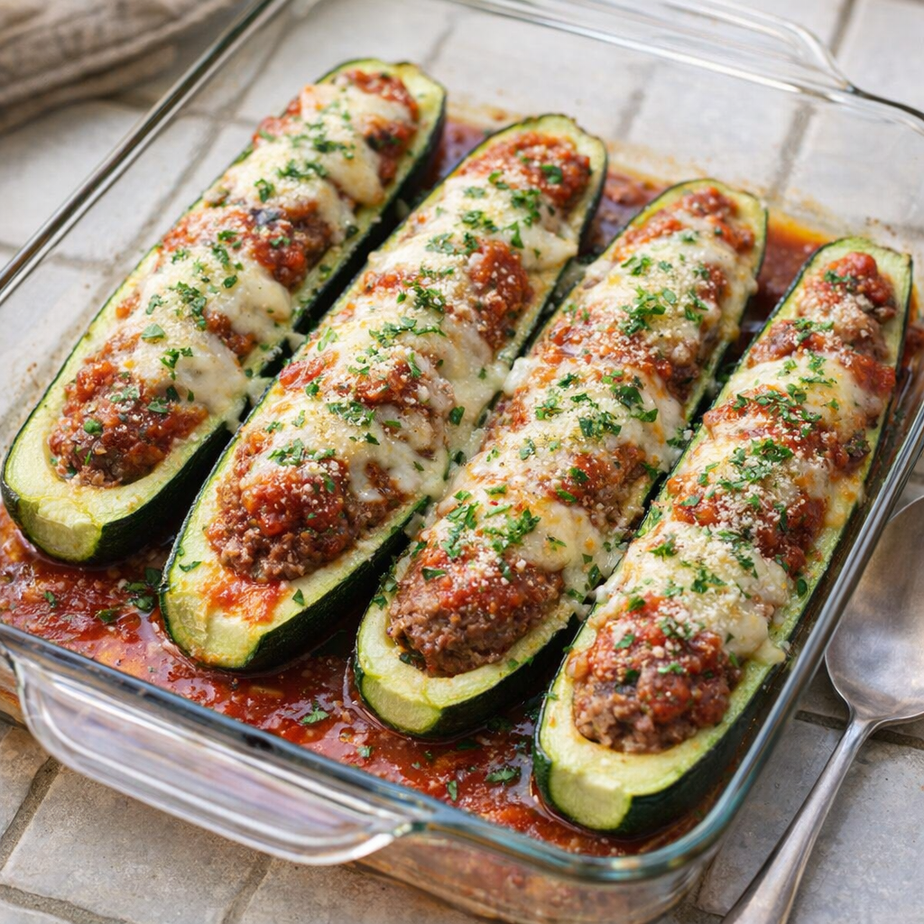 Stuffed zucchini boats in a glass baking dish