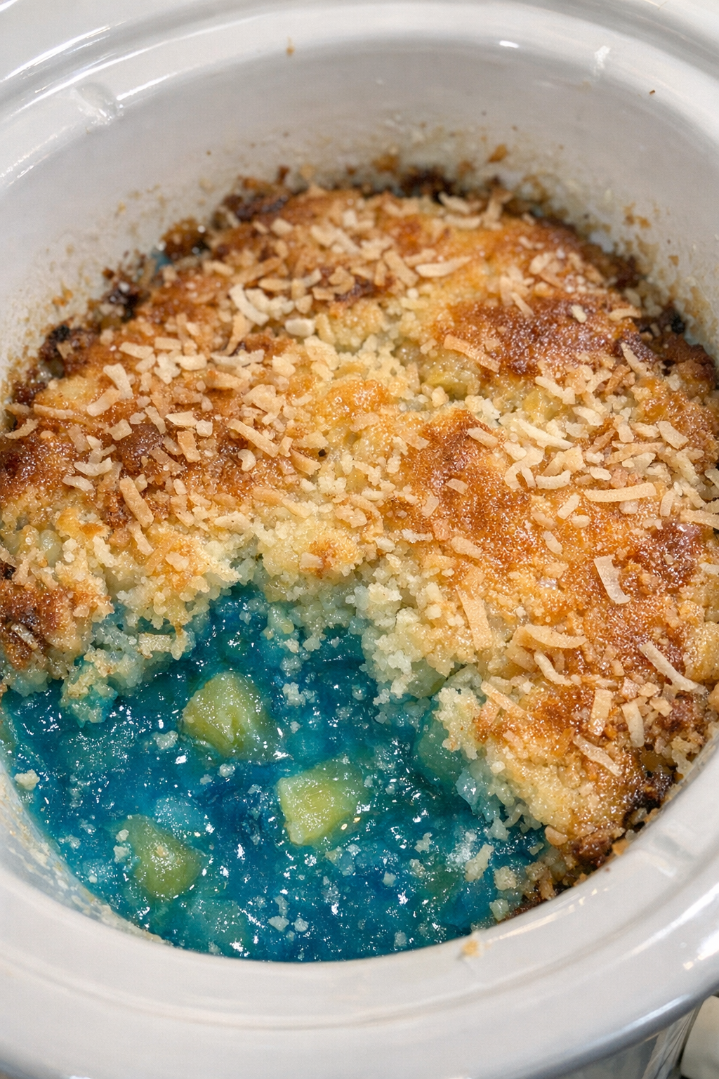 Slow cooker blue Hawaiian cobbler in a white slow cooker