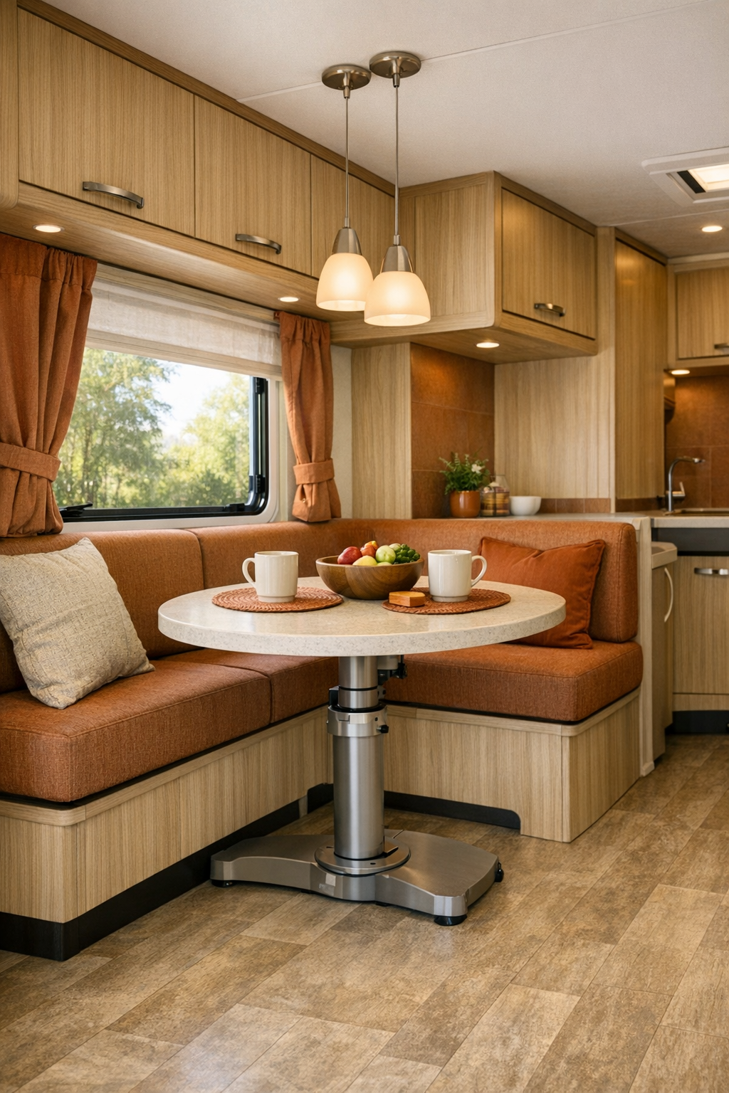 Compact RV dining area with rounded pedestal table and bench seating