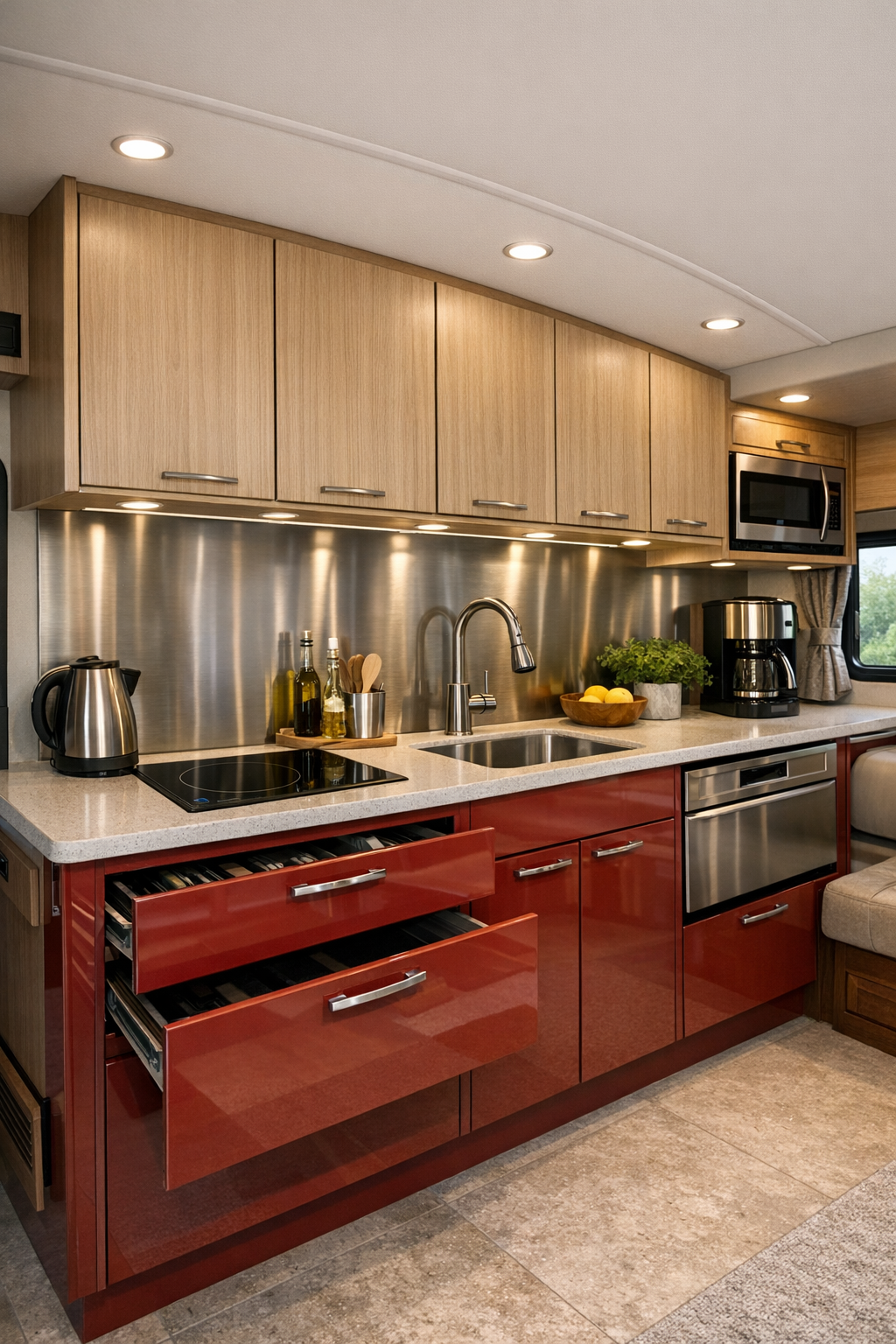 Accessible RV kitchen with cherry red lower cabinets, pale oak uppers, and quartz-look counters
