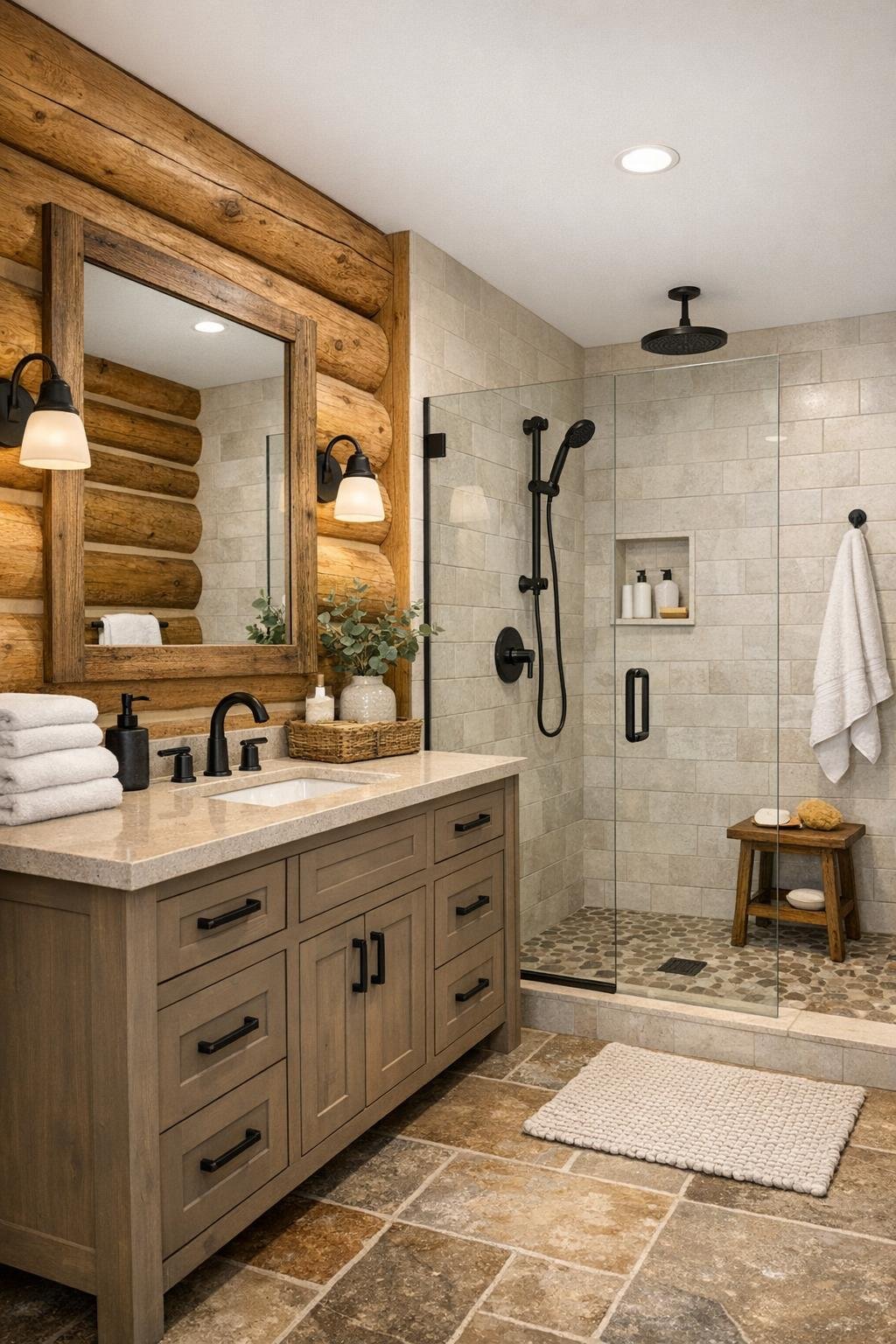Refined rustic bathroom with wood vanity, stone counter, and glass shower