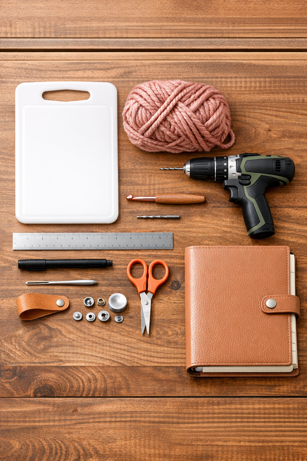 Materials for a crochet planner cover laid out on a table