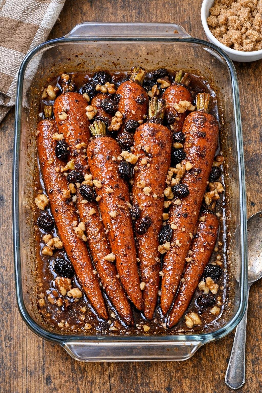 Finished baked carrot dessert in a glass casserole dish