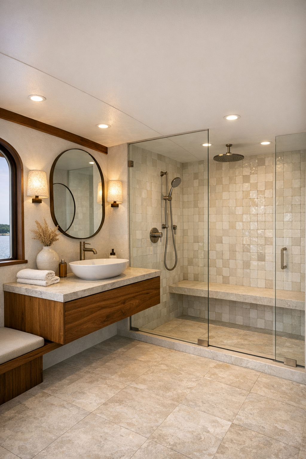 Elegant bathroom with limestone tones, floating wood vanity, and level-entry shower
