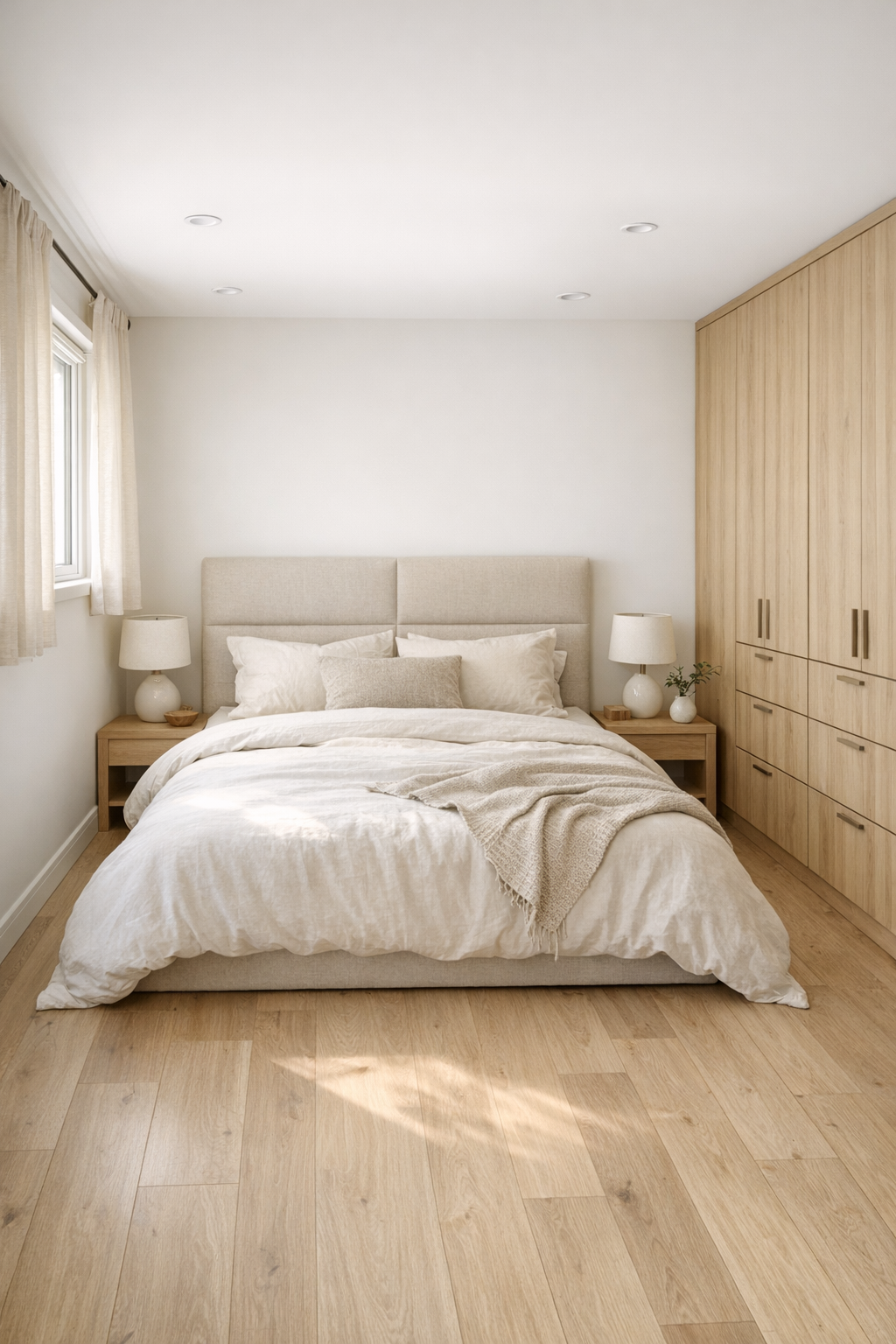 Calm tiny home bedroom with low bed, built-in storage, and soft natural textures