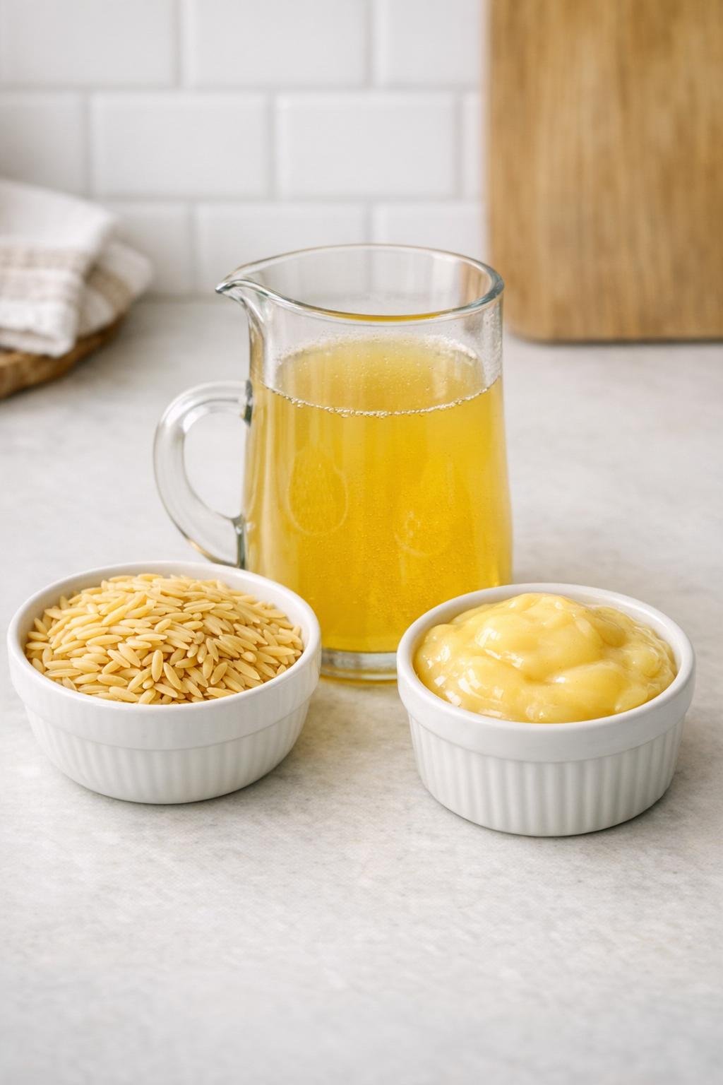Orzo, bouillon en ingrediënten voor gecondenseerde soep