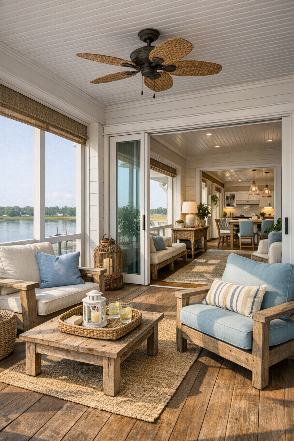 Screened porch and transition area with accessible layout and relaxed coastal furnishings