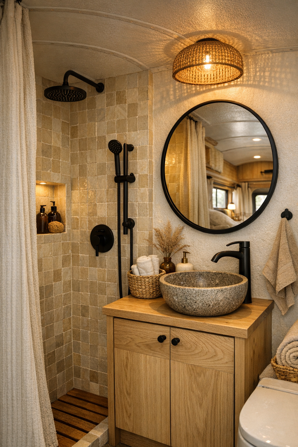 Compact bus bathroom with sand-toned tile shower and oak vanity