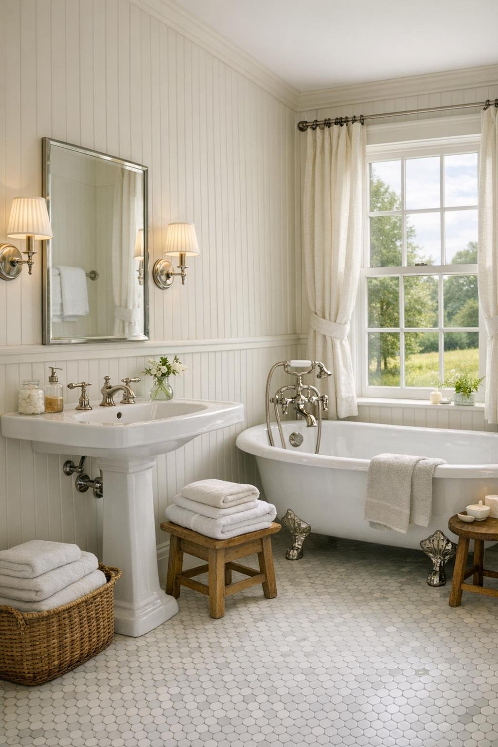 Classic cottage bathroom with beadboard, small tile, and a soaking tub