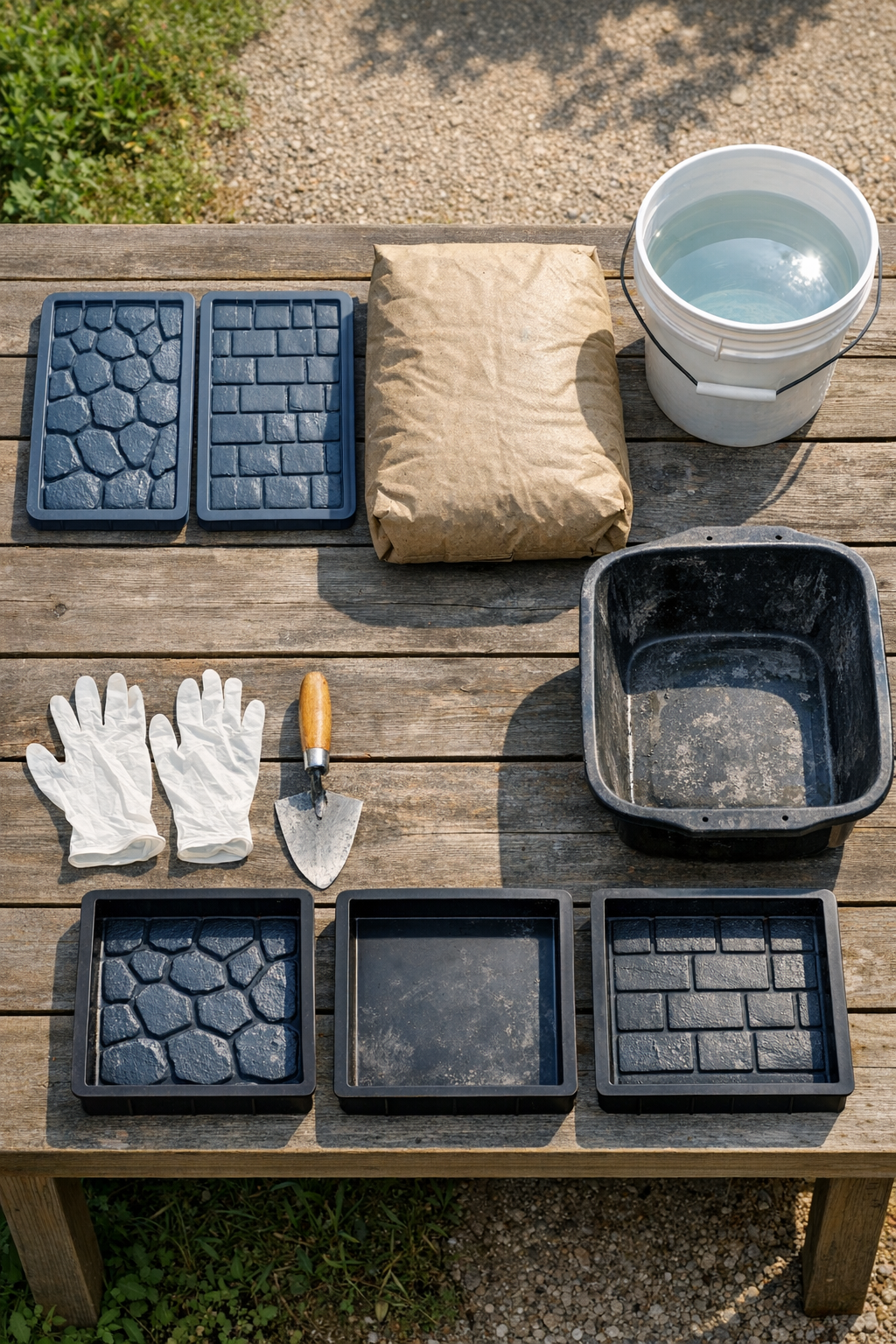 Silicone ice trays and cement materials laid out on a work surface