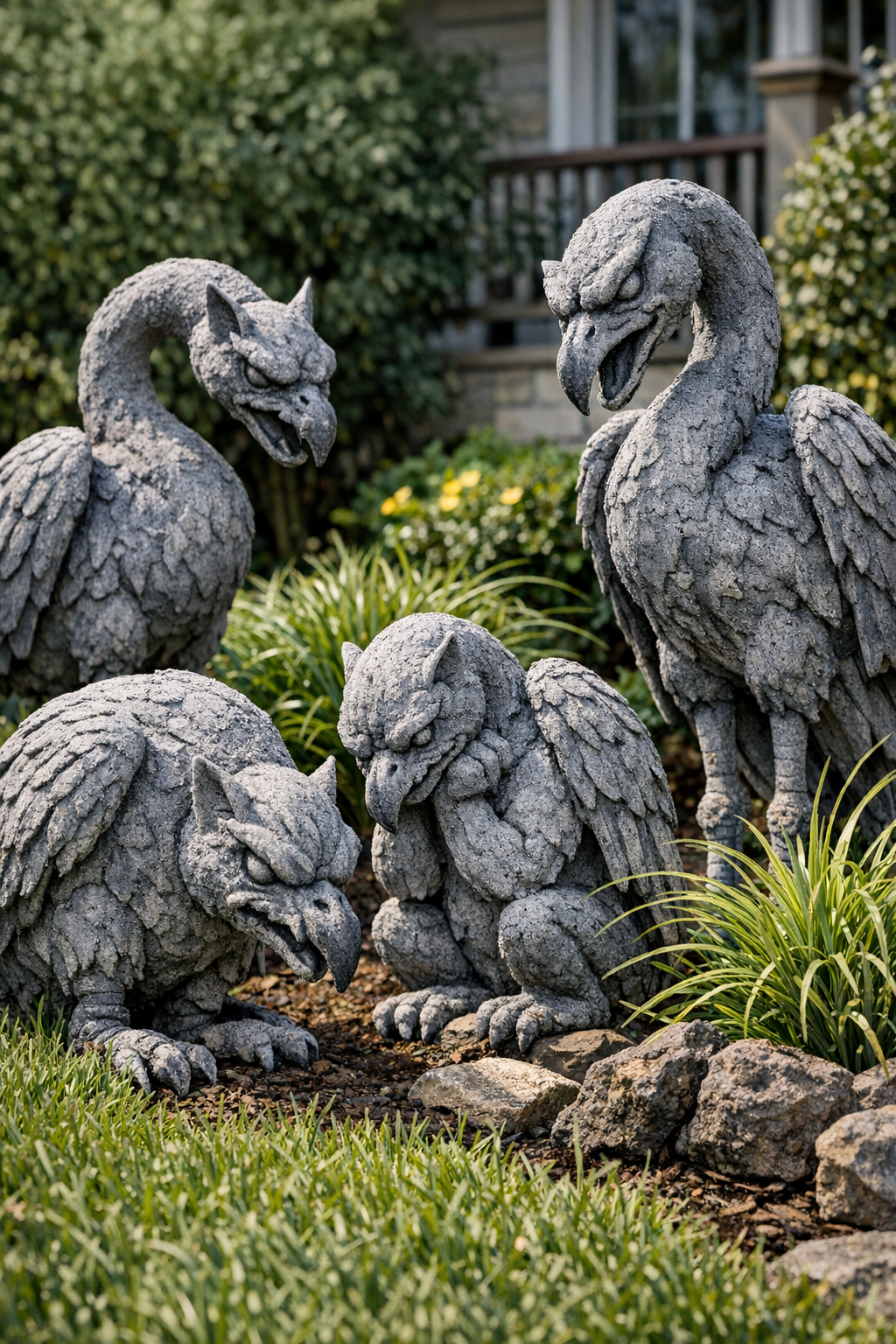 Finished faux-stone front yard gargoyles made from cement-covered flamingos
