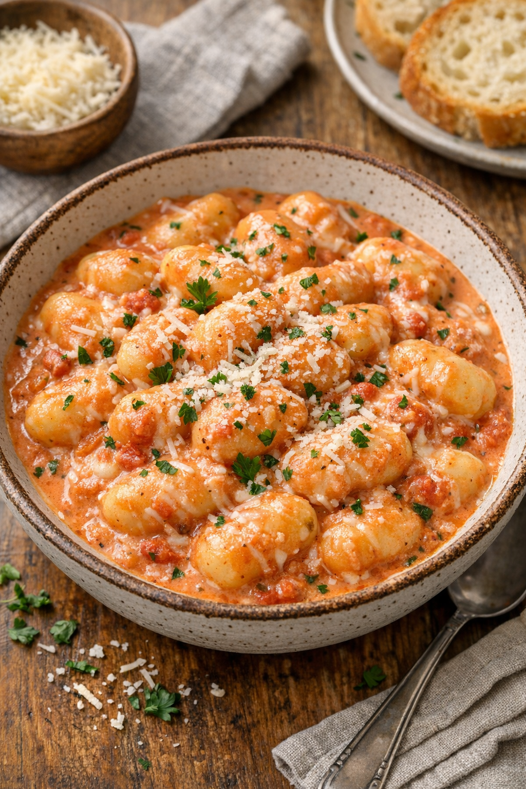 Finished creamy slow cooker gnocchi in a rustic bowl