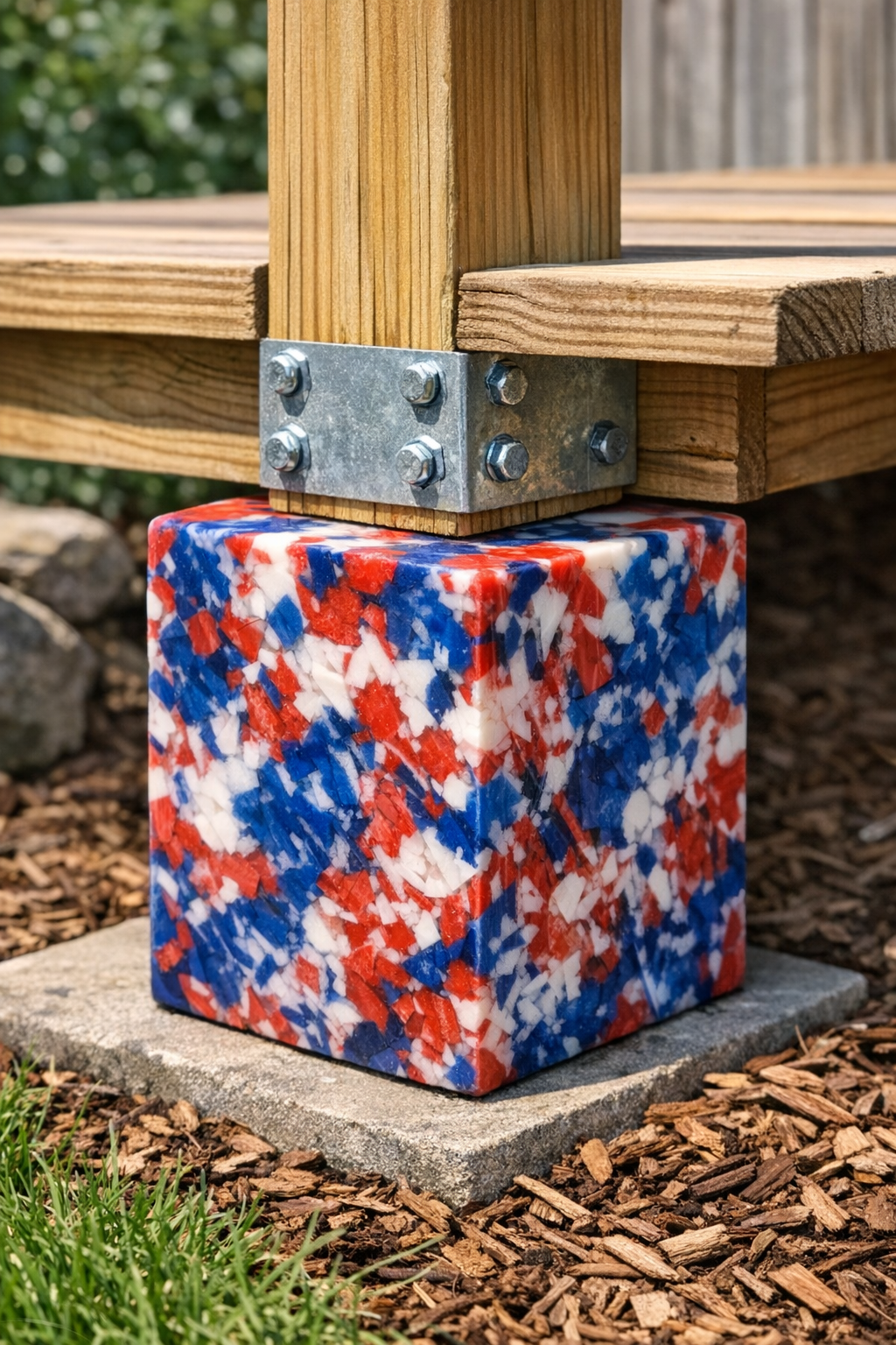 Finished red white and blue recycled plastic deck supports under a small outdoor platform
