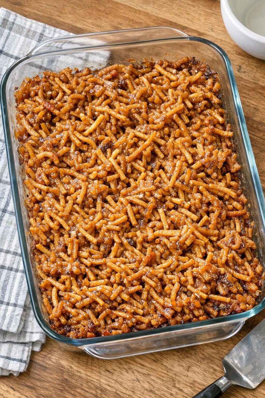 Finished baked chow mein dessert in a glass baking dish