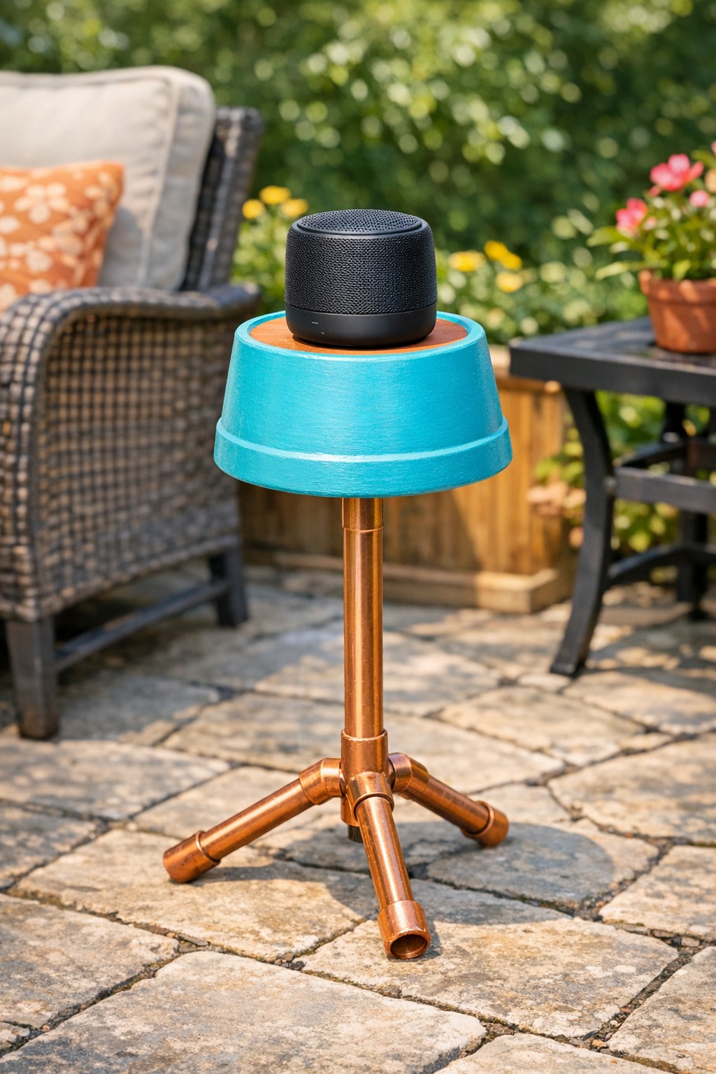 Finished outdoor speaker stand with painted terracotta pot and copper pipe base