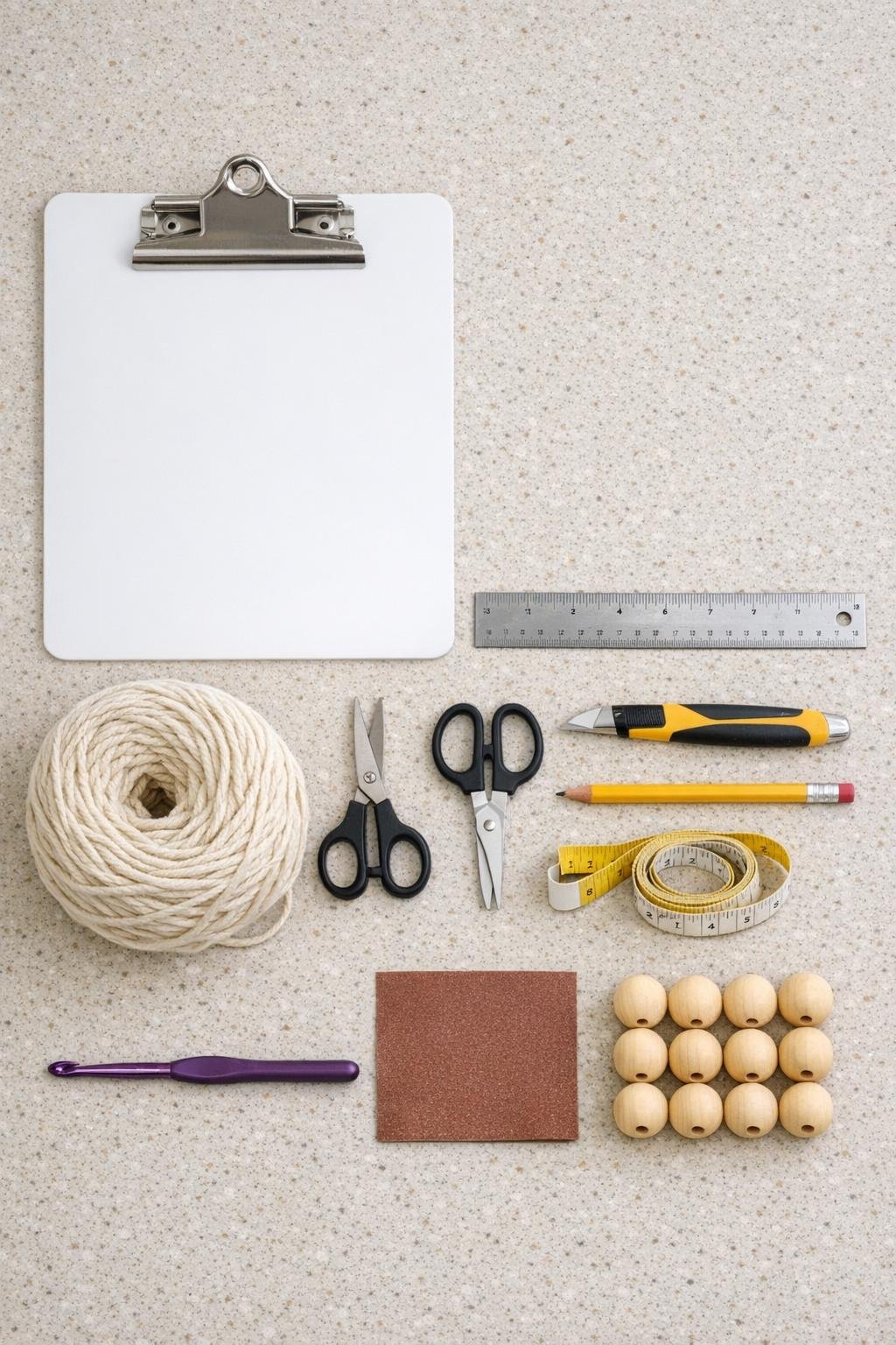 Materials for a crochet wall hanging made from a white plastic clipboard and cotton yarn