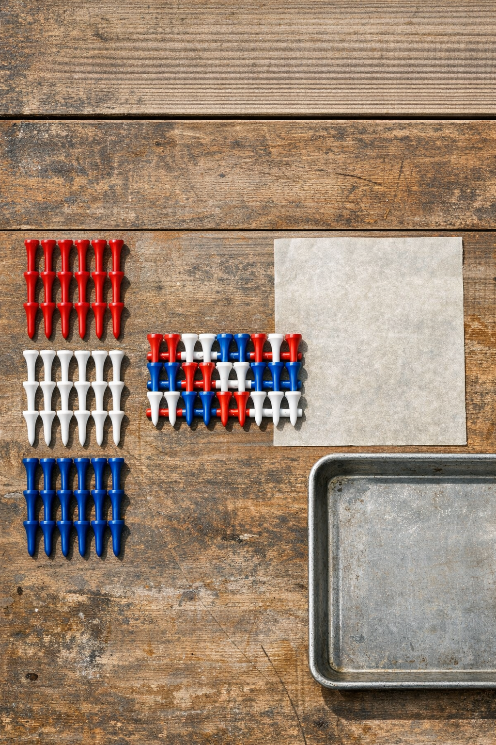 Materials for making melted plastic golf tee deck grates laid out together