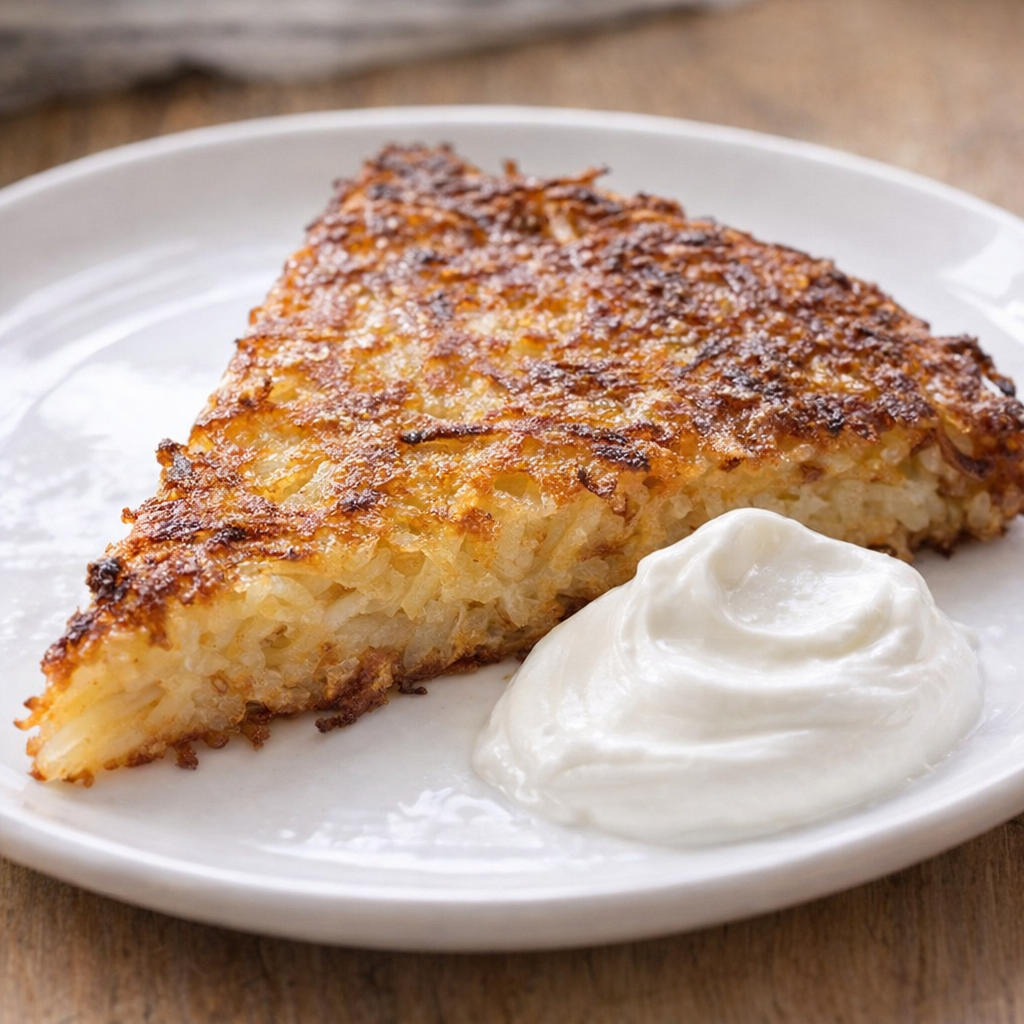 Slice of potato rosti served with sour cream