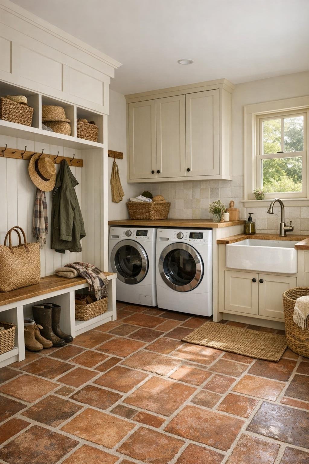 Functional farmhouse mudroom and laundry area with cubbies and terracotta tile
