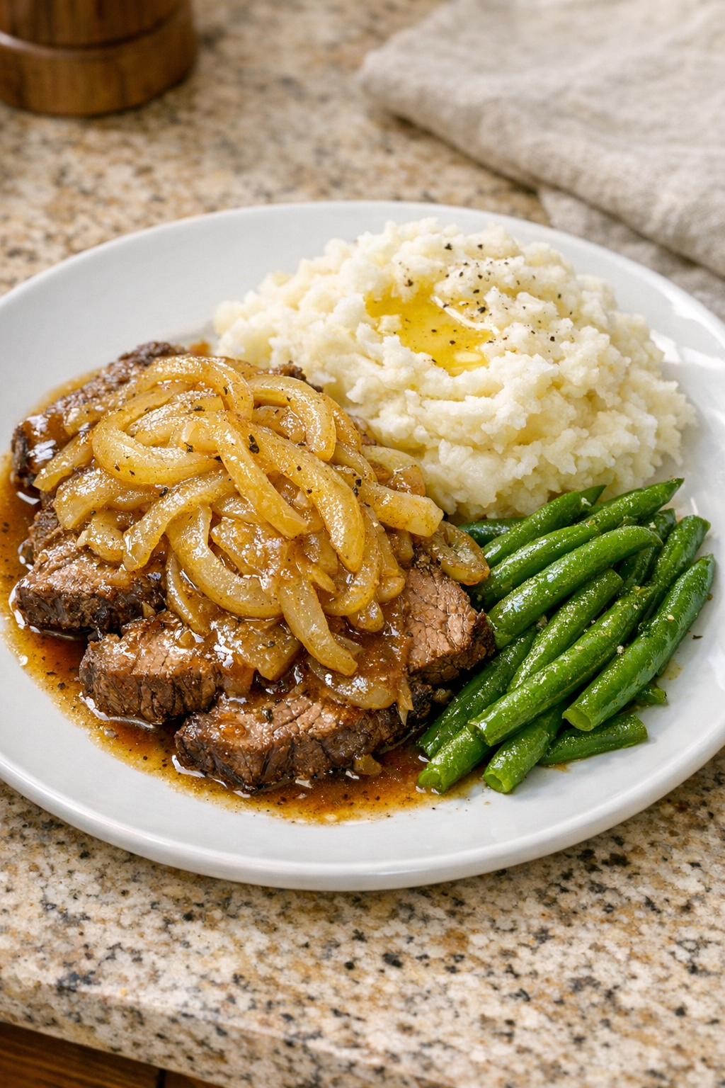 Finished Amish sweet onion beef plated with onions and pan juices