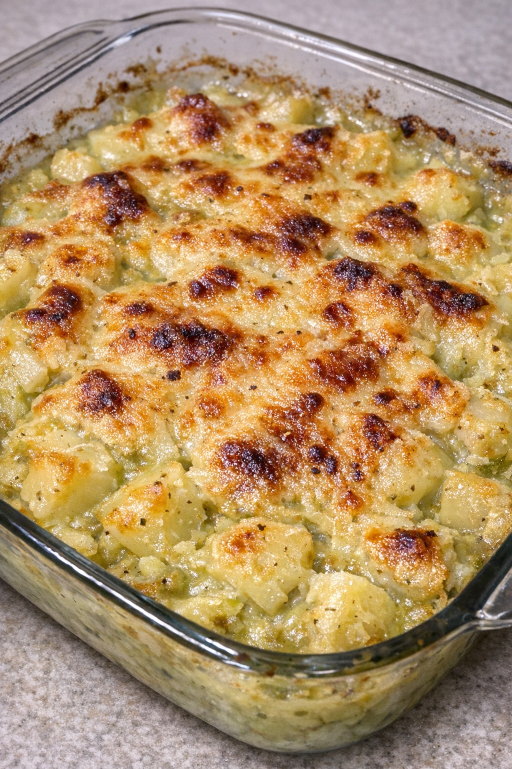 Creamy green tinted potato casserole with a golden browned top in a glass baking dish