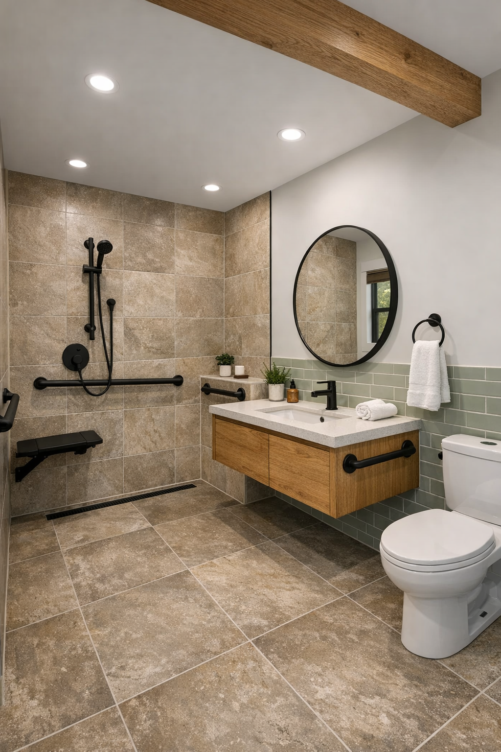 Curbless accessible bathroom with warm stone tile, oak vanity, and soft sage accents