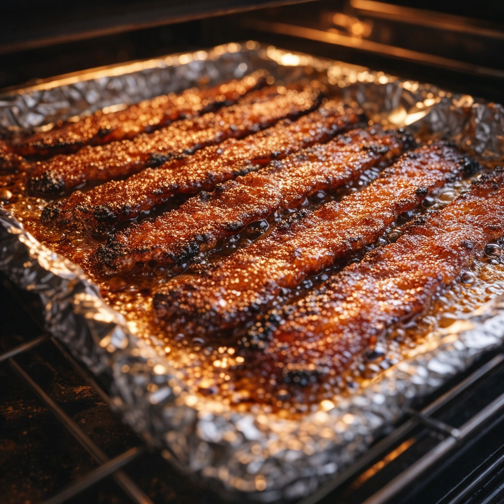 Candied bacon baking with bubbling glaze