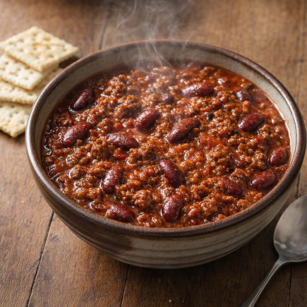 Homestyle bowl of poor man's chili on a kitchen table