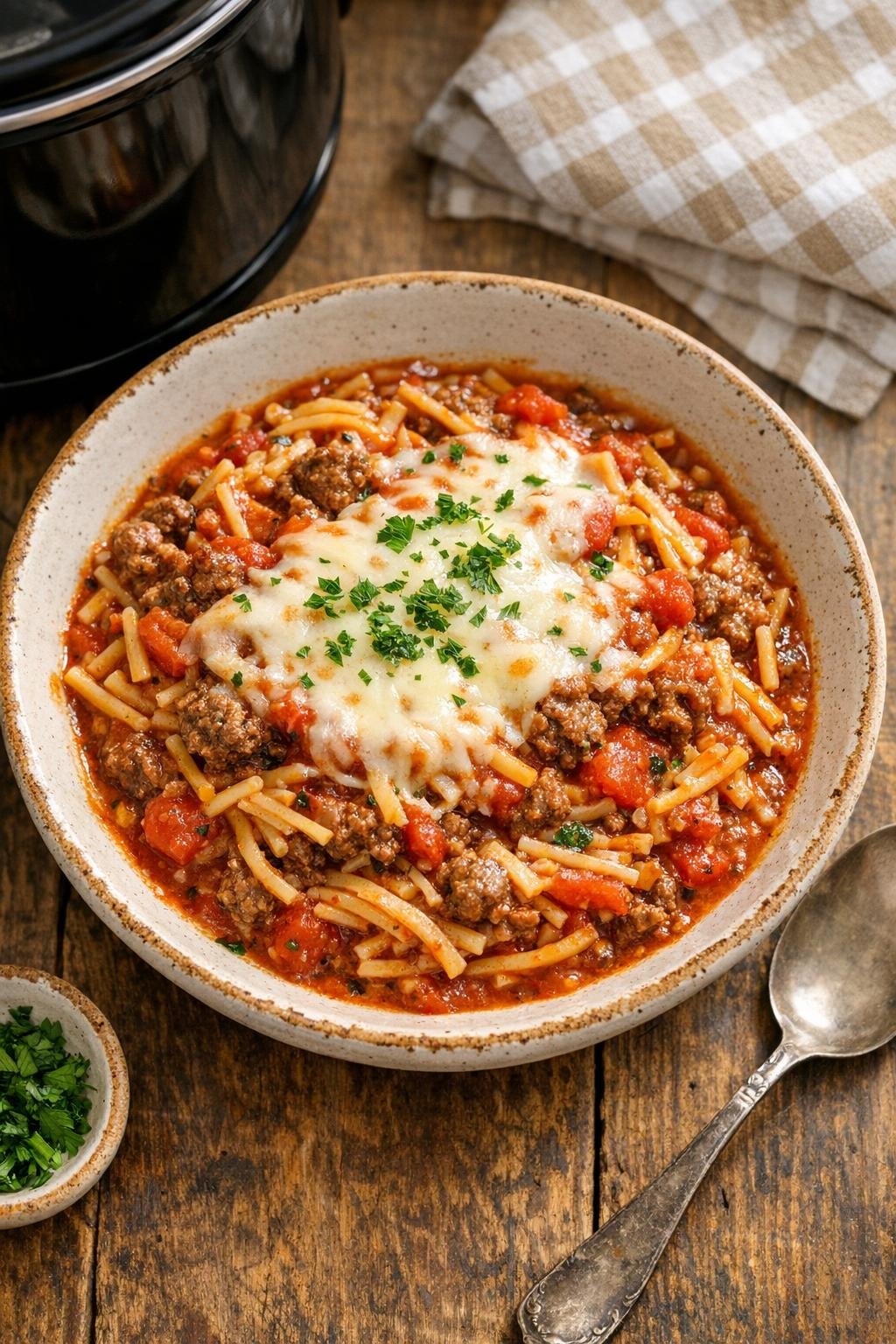 Finished slow cooker broken spaghetti feast plated in a bowl