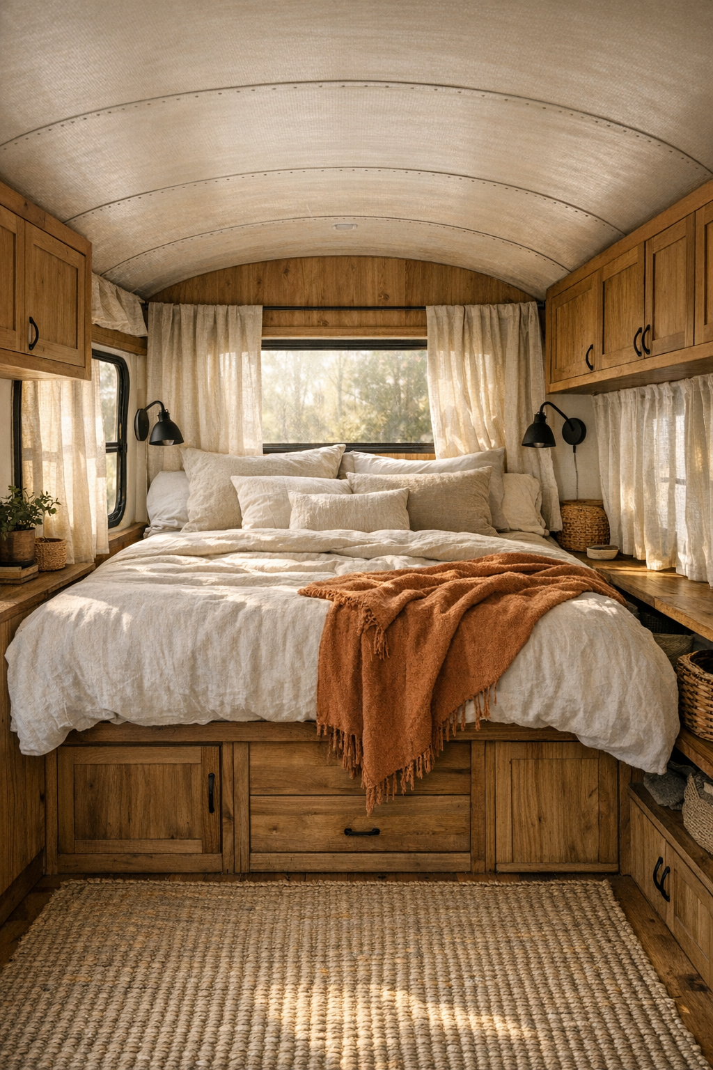 Serene converted bus bedroom with built-in storage and layered neutral bedding