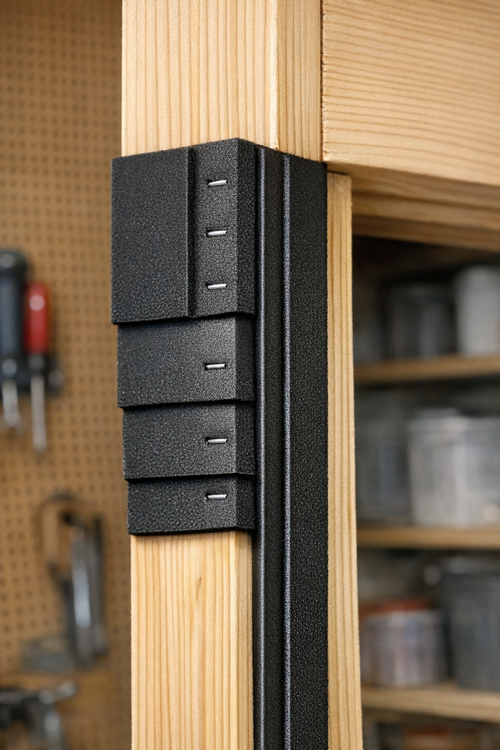 Finished heavy-duty neoprene weather stripping installed on a door frame