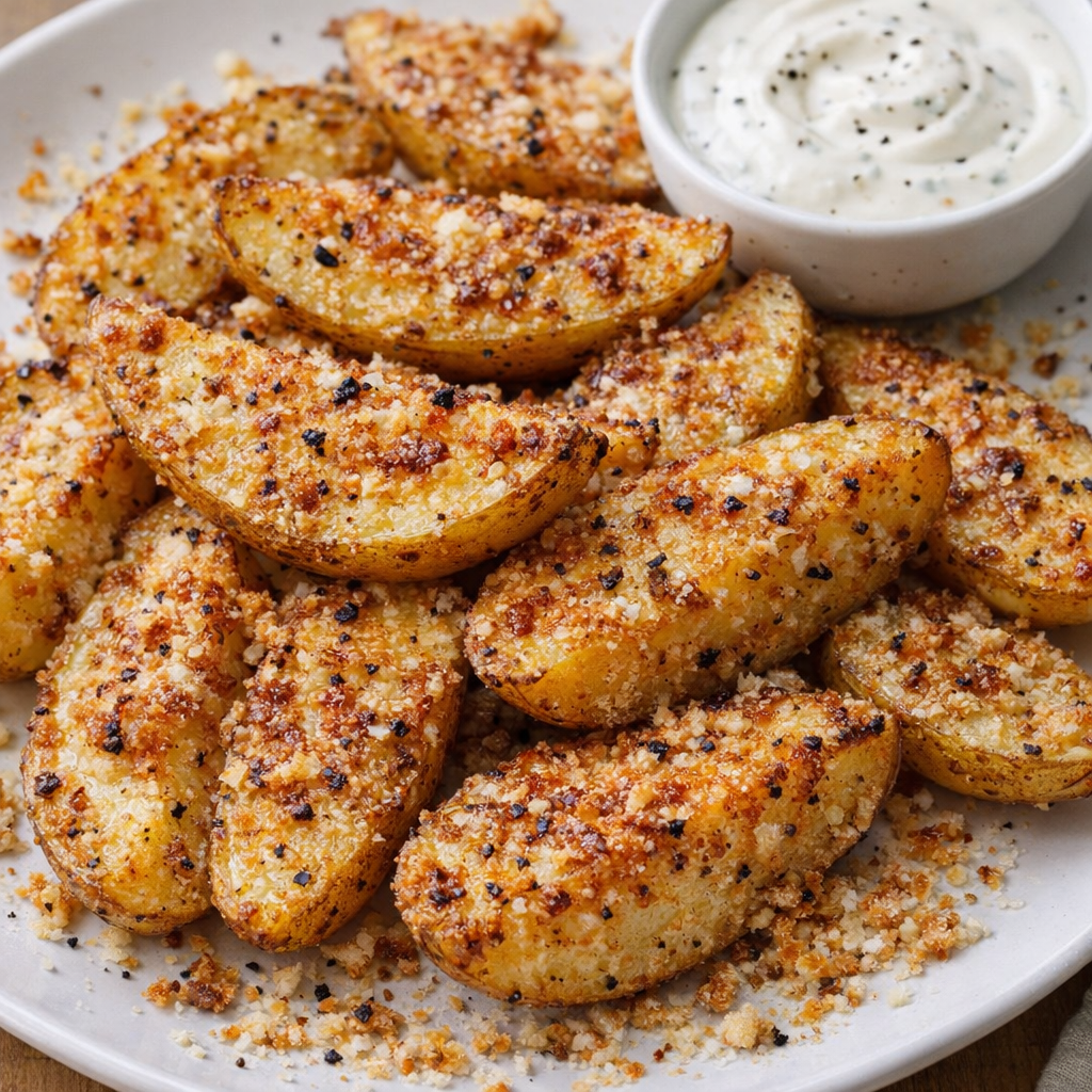 Golden Parmesan potato wedges served on a white platter